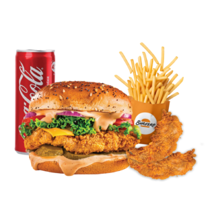 Fried Crispy Burger + Cartofi + 3 Aripioare + Băutură